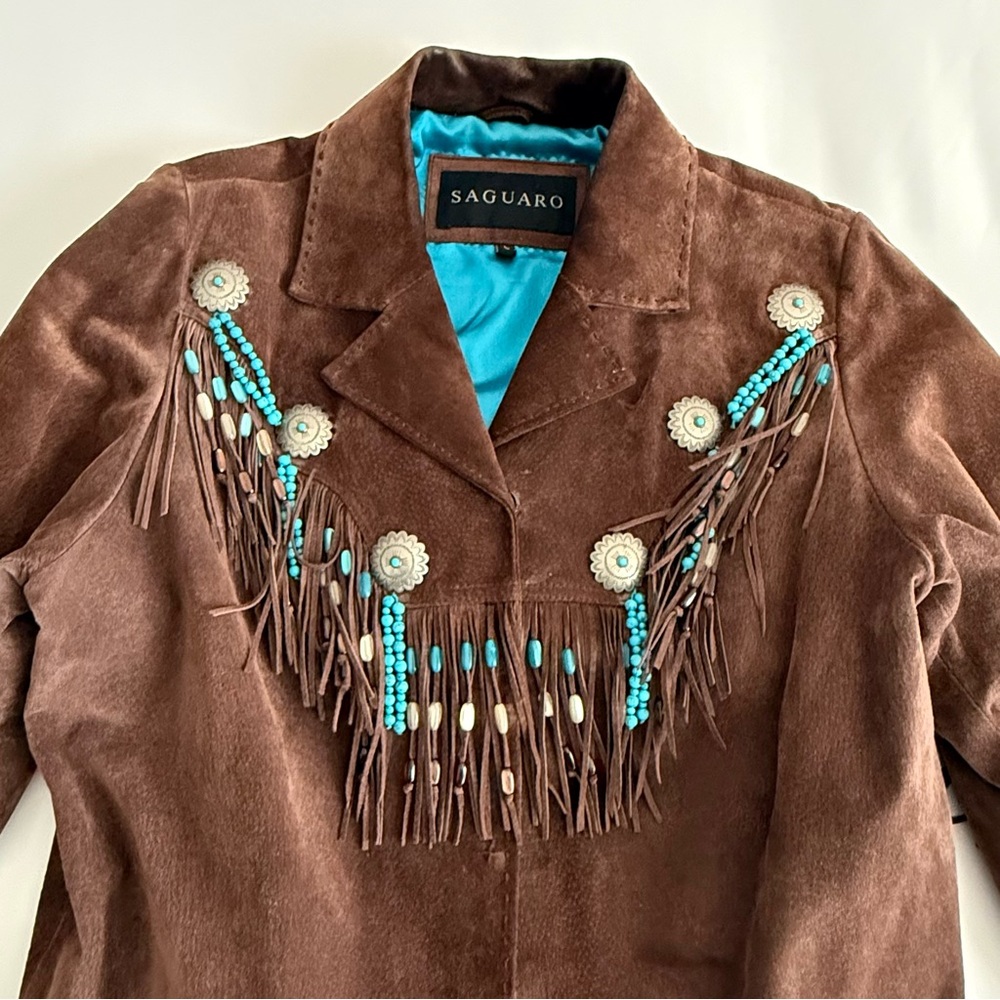 Vintage SAGUARO Brown Suede Leather Beaded Fringe Cowboy Western Jacket Size L - Picture 9 of 16